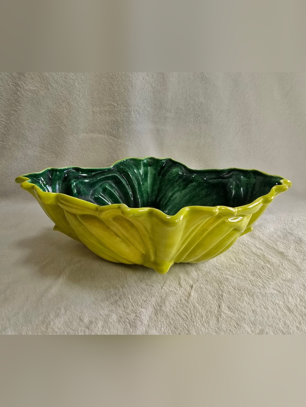 Vintage Large Leaf Serving Bowl Green Interior Yellow Exterior, Mid Century